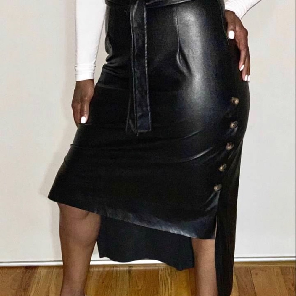 Fly Girl Buttoned Slit PU Leather Skirt